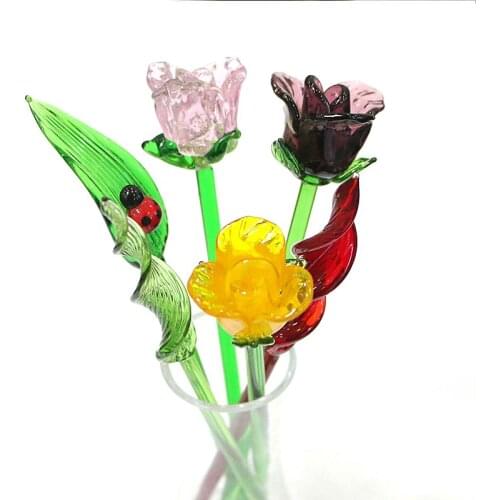 Hand Blown Long Handle Murano Glass Rose Flower Art Figurine Wedding Valentines Day Favors Gifts Tabletop Decor Craft Ornament