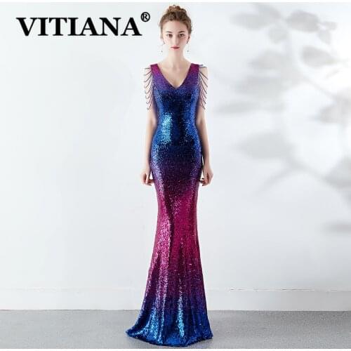 VITIANA Women Gradient Sexy Party Trumpet Dress Female Sequined Tassels Elegant Bodycon Dresses Femme Host Banquet Long Vestidos