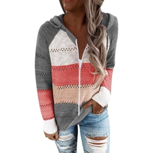 Hooded Knitted Sweaters 2021 Color Block Sweater Womens Striped Zipper Cardigan Hoodies
