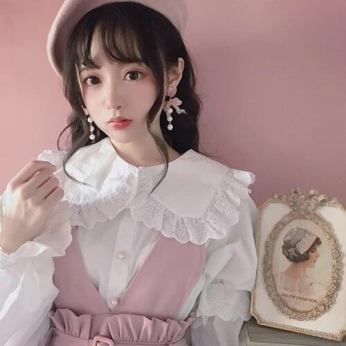 KEQI Bobon21 2018 New Fresh Japanese Sweet Soft sister Young Girl Pink Bow White Basic Shirt Cute Peter pan collar Casual Women