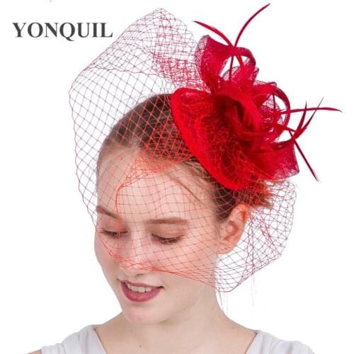Red Fashion Wedding Headwear Mesh Sinamay Fascinator Hat Elegant Ladies Party Tea Headpiece Vintage Church Fedora Hat Net New