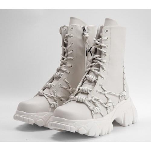 2021 Autumn New White Leather Boots Women Lace-Up Casual Ankle Boots Platform Shoes Women Botas Mujer Winter Botines Mujer