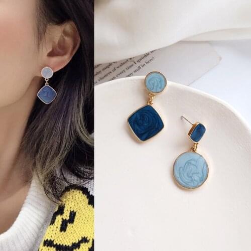 Simple Asymmetric Morandi Blue Square Round Acrylic Pendant Earrings 2021 Trend New Arrival Drop Earrings for Women Girls Teens