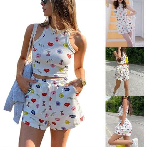 European and American womens 2021 autumn new sweet printing casual suit sleeveless vest shorts two-piece set