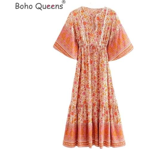 Boho Queens Women peacock print V-neck lace collar beach long Bohemian happie dress Ladies V neck Tassel Summer dress