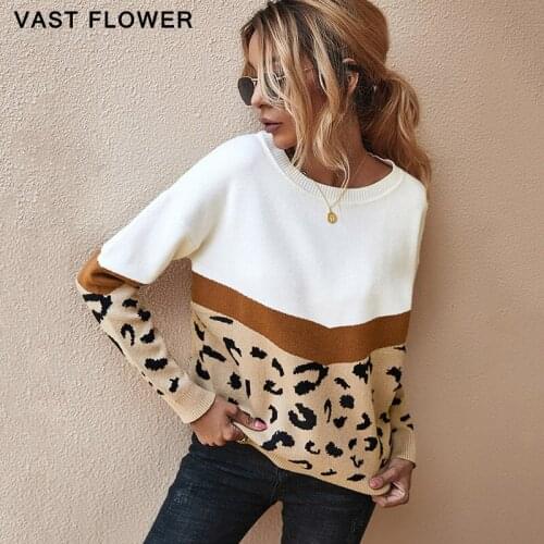Leopard Patchwork Knitted Sweater Women Long Sleeve O-Neck Pullover Fashion Casual Loose Oversized Sweaters Autumn Winter 2020