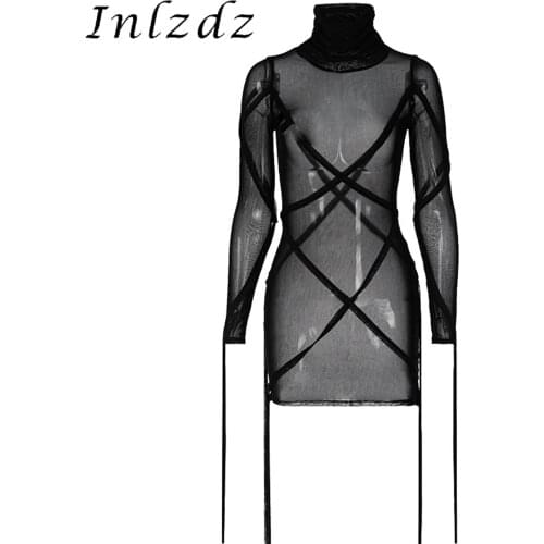 Womens Lingerie See-through Bodycon Dress Mesh Strappy Ladies Stage Show Party Bar Club Wear High Neck Long Sleeve Mini Dresses