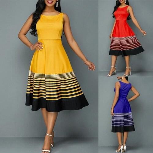 Women Sleeveless O Neck Striped Printed High Waist Tight Slim OL Commute Large Hem Swing Stripes Office Midi Dress