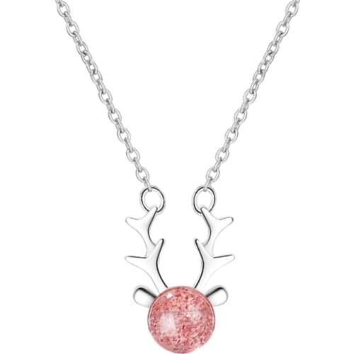 Net red personality temperament fresh and cute pink crystal antlers female silver plated necklaces SE090