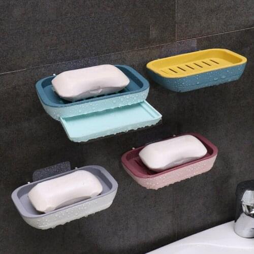 1Pc Soap Holder Bathroom Shower Soap Dish Shower Plates Soap Storage Box with Drain Wall Mounted Self Adhesive Plastic Bath Tray