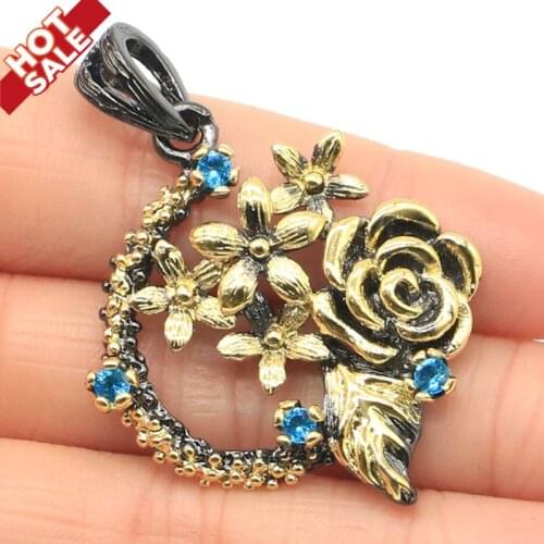 49x35mm Sublime Antique Rose Shape Created Paris Blue Topaz Party Womans Black Gold Silver Pendant