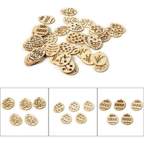 50pcs Happy Easter Eggs Wooden Craft Easter Decorations for Home 40*30mm DIY Wood Chips Easter Eggs Hanging Ornaments