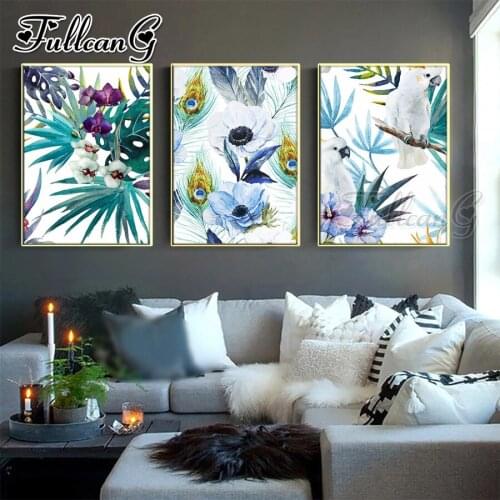 FULLCANG 5d diy diamond embroidery sale white parrot flower painting triptych full square round drill animals decoration FC3520