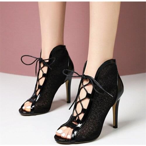 2020 summer ankle boots women sexy lace mesh pumps lace-up boots high heel short booties women ladies sandals