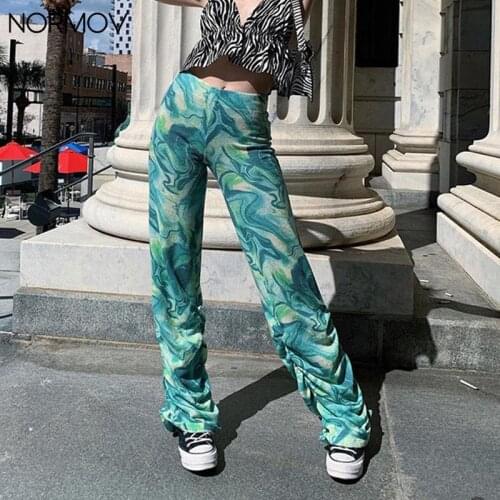 NORMOV Wide Leg Pants Women Fashion Ripple Print Y2K Loose Trousers High Waist Casual Tie Dye Ruched Straight Pants Streetwear