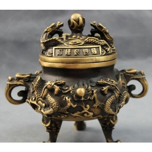 Fast shipping USPS to USA S1400 Tibet Bronze Buddhism FengShui 2 Dragon Xi Ball Statue Incense Burner Censer