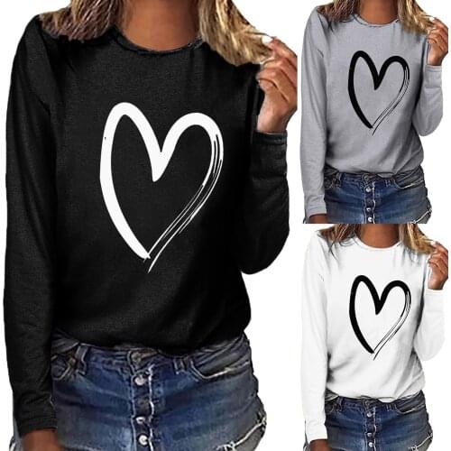 Harajuku T-shirts Womens Printed Casual Loose Round Neck Long Sleeve T-shirt Tops Heart Printing Y2k Autumn Clothing S-2xl