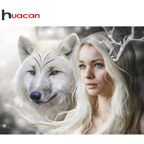 Huacan 5D Diamond Painting New Arrivals Wolf Woman Gift Diamond Mosaic Embroidery Portrait Modular Pictures Decoration For Home