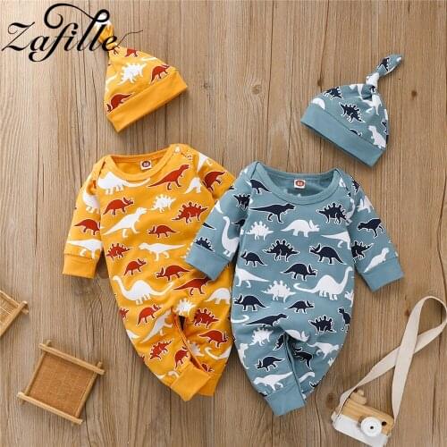 ZAFILLE 2021 Autumn Baby Boy Clothes Cartoon Dinosaur Baby Romper and Hat 2pcs Newborns 0-12m Jumpsuit For Kids Babies Clothing