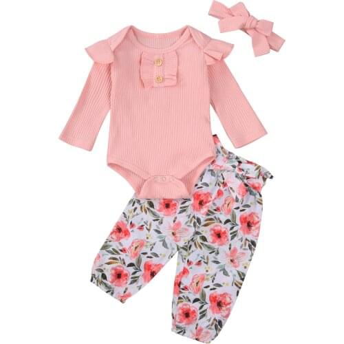 New Born Girls Ribbded Suit, Solid Lace Long Sleeve Top, Flower Printing Long Pants and Hairband 3-piece Suits