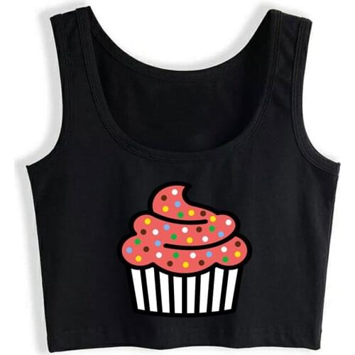 Crop Top Female Cupcake red white Comic Black Sleeveless Tops Women
