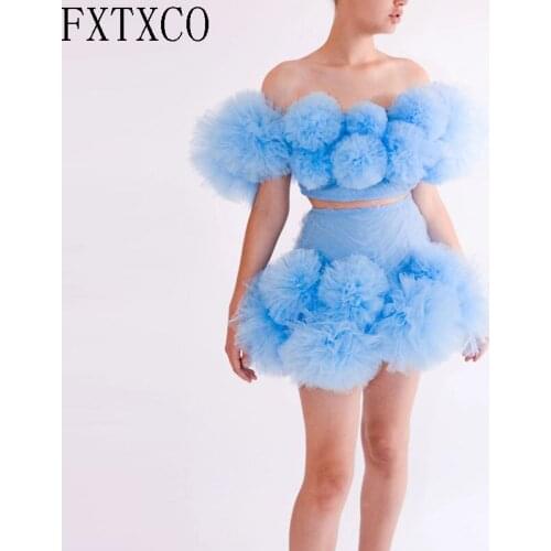 Fashion Ruffles Tulle Sky Blue Set Slash Neck Top and Mini Short Tutu Skirts Custom Made Zipper Back Sweet Girls Party Wear