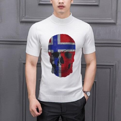 British Pattern Design Skull Mens Breathable Warm T-Shirt Explosive Sweater Hot Drilling Knit Short Sleeve