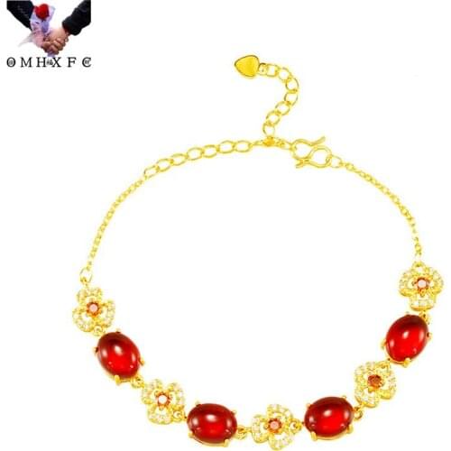 OMHXFC Wholesale BE512 European Fashion Fine Woman Girl Party Birthday Wedding Gift Flower Oval AAA Zircon 24KT Gold Bracelet