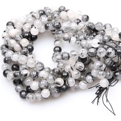 Wholesale Natural Stone Smooth Black Rutilated Quartz Crystals Loose Beads 15" Strand 4 6 8 10 12 MM Pick Size For Jewelry