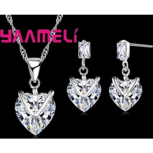 Women Wedding Jewelry Sets 925 Sterling Silver Austrian Crystal Necklace Heart Shape Earrings Charms Bride Accessory