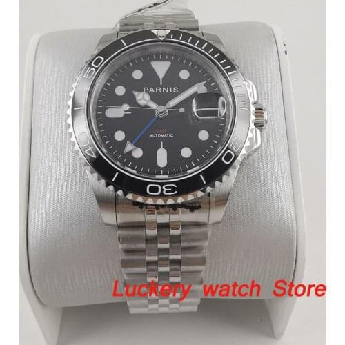 Parnis 40mm black dial blue GMT luminous marks Black Ceramic Bezel sapphire glass automatic Mens Watch-PA80