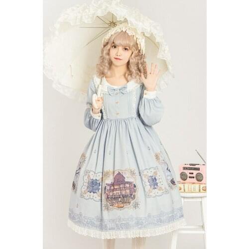 Princess daily tea party sweet lolita dress vintage lace bowknot o-neck high waist printing victorian dress kawaii girl loli cos