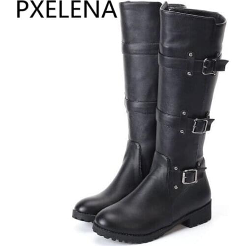 PXELENA 2018 Autumn New Knee High Riding Knight Boots Women Shoes Round Toe Cuban Low Heels Buckle Rivet Motorcycle Long Boots