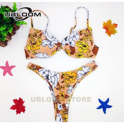 Sexy Underwired Push Up Bikinis Women Floral Print Two pieces Bikini Set High Cut Bathing Suit Ruched Thong Swimsuit Beach Wear