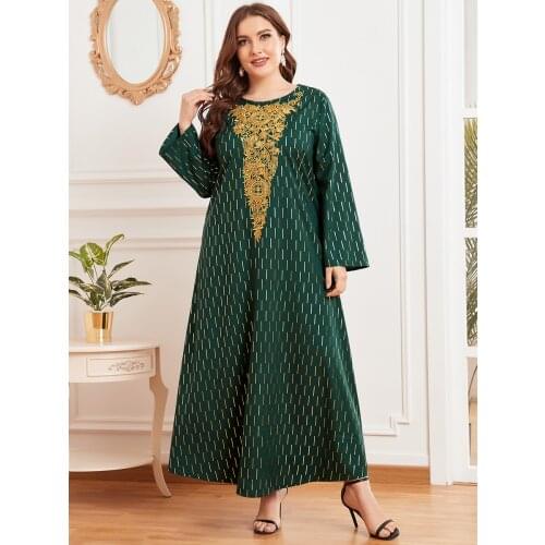 Loose Plus Size Casual Maxi Dress for Women Eid 2021 Summer Ethnic Embroidered V Neck Long Sleeve Arabic Muslim Clothes Femme