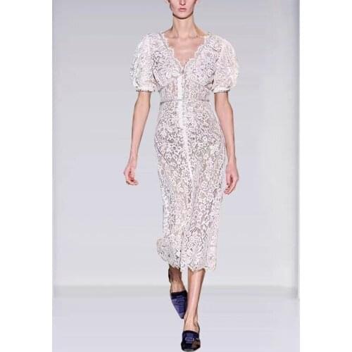 Temperament Patchwork Lace Dress For Women V Neck Puff Sleeve High Waist Elegant Midi Dresses Female Fashion New Clothing Z136