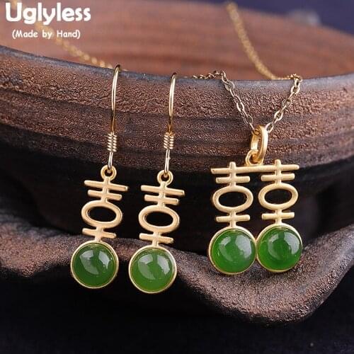Uglyless HAPPY Marriage Gifts Jewelry China Chic XI Jewelry Sets for Women Natural Jade Pendant + Earrings 925 Silver Bijoux S24