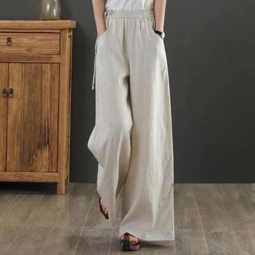 Women Cotton Linen Casual Trousers New 2020 Vintage Style Solid Color Loose Comfortable Feamle High Waist Wide Leg Pants S1822