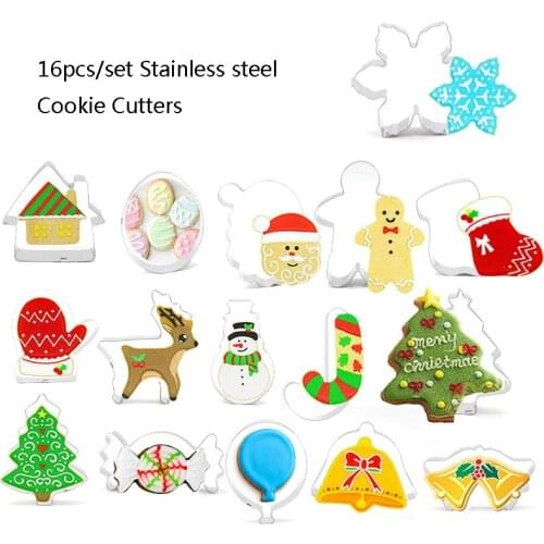 16pcs/set Stainless Steel Christmas Cookie Cutters Molds Biscuit Fondant Cutter Baking Cake Decorating Tools