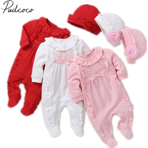 2019 Baby Spring Autumn Clothing Newborn Infant Girl Floral Romper Baby Jumpsuit Hat 2Pcs Outfits Long Sleeve Clothes