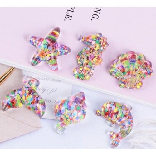 20pcs/lot Sequin resin starfish shell Seahorse DIY Craft Ornament Decor For Kids Bedroom Ornament Artificial Resin Decor