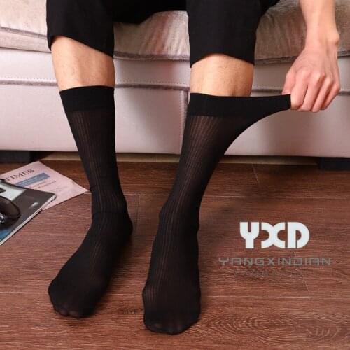 3 Pairs/Mens High Socks Gentleman Dress Business Striped Silk Stockings Man Sexy Breathable Ultra-Thin Transparent Black Socks