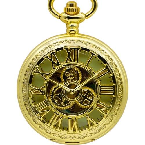 5pcs Luxury Gold Single Open Transparent Mechanical Hand Wind Pocket Fob Watch Vintage Fashion Analog Watch For Men Women Gift
