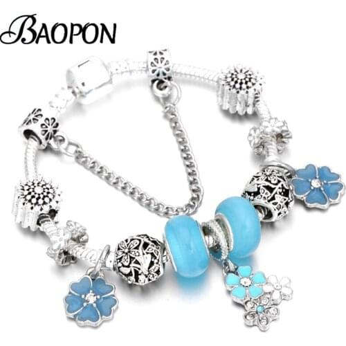 BAOPON European Style Silver Color Crystal Flower Charm Bracelets With Snake Chain DIY Brand Bracelets for Women Jewelry Gift