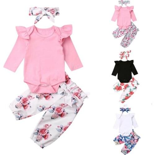 2020 Autumn Newborn Baby Girl Floral Clothing Long Sleeve Bodysuit Tops+ Pants+ Headband Outfits