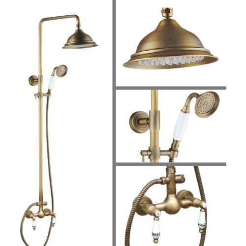 Dual Ceramics Handles 8.2 inch Round Bathroom Wall Mounted Antique Brass Rainfall Shower Handshower Faucet Set Mixer Tap aan106