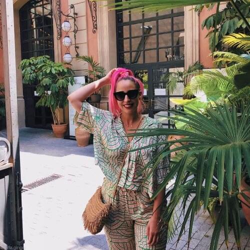 DYLQFS XEASY 2021 Summer Loose Two-piece Set Print Short Shirt Women Vintage Single-Breasted Casual Elastic High Waist Pants Set