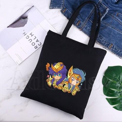 Caballeros Del Zodiaco Canvas Simple Cartoon Print Shopping Bags Girls Fashion Life Casual Pacakge Hand Bag Black
