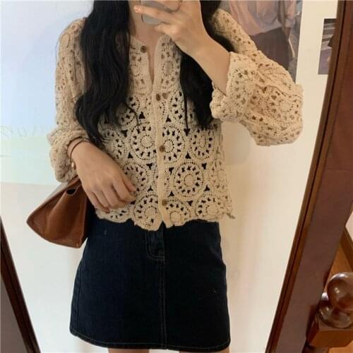 Hollow Out Full Sleeves Hook Flowers Stylish Cardigans Thin Vintage Women New Lace Sweet Korean Lady Chic Blouses Sweet Tops