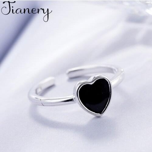 JIANERY Personality Silver Color Black Heart Rings For Women Bridal Wedding Jewelry Adjustable Size Finger Rings